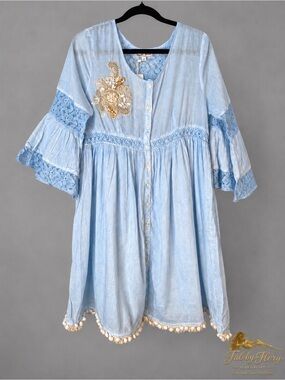 White Waves Light Blue Cotton Lace Babydoll Mini Dress S/M NWT